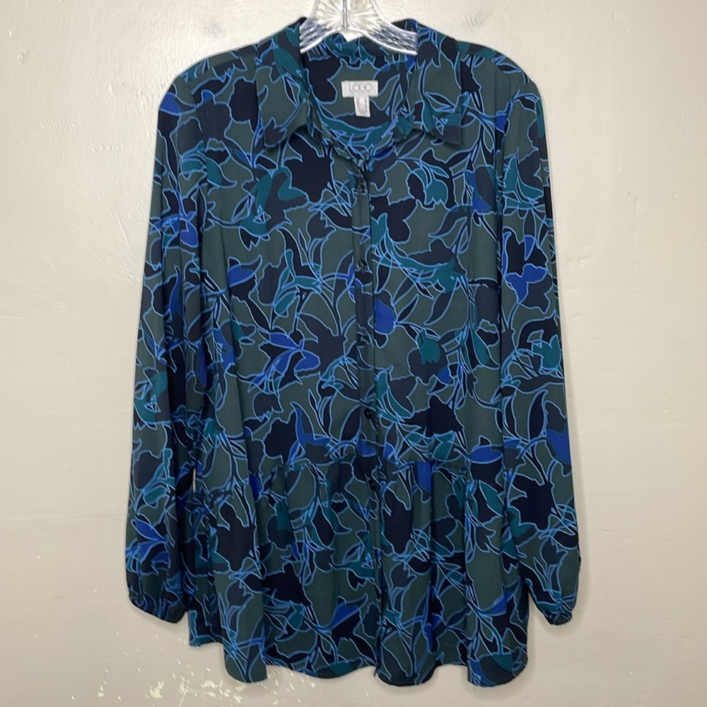 LORI GOLDSTEIN Blouse A365840 Stretch Woven Button Front Blue Green Floral Small